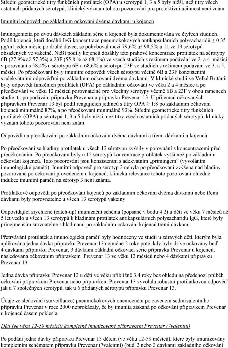 Podíl kojenců, kteří dosáhli IgG koncentrace pneumokokových antikapsulárních polysacharidů 0,35 μg/ml jeden měsíc po druhé dávce, se pohyboval mezi 79,6% až 98,5% u 11 ze 13 sérotypů obsažených ve