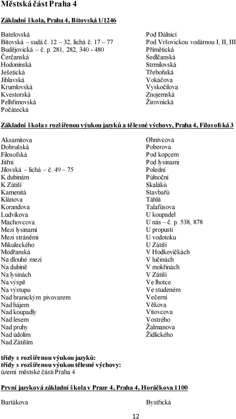 Vokáčova Vyskočilova Znojemská Žirovnická Základní škola s rozšířenou výukou jazyků a tělesné výchovy, Praha 4, Filosofská 3 Aksamitova Dobrušská Filosofská Jitřní Jílovská lichá č.