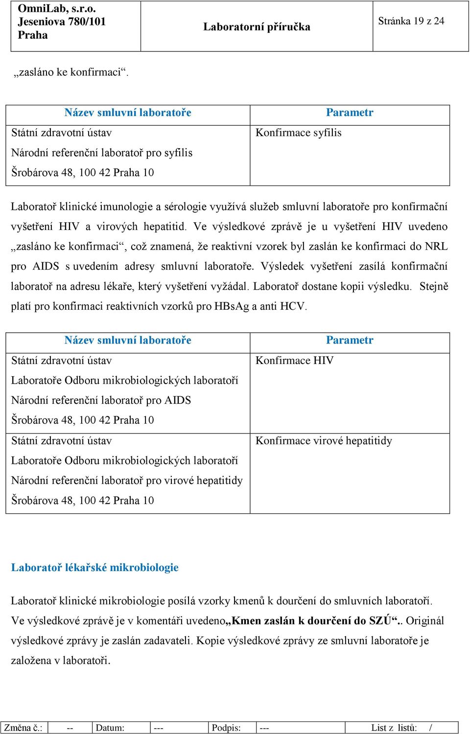 smluvní laboratoře pro konfirmační vyšetření HIV a virových hepatitid.