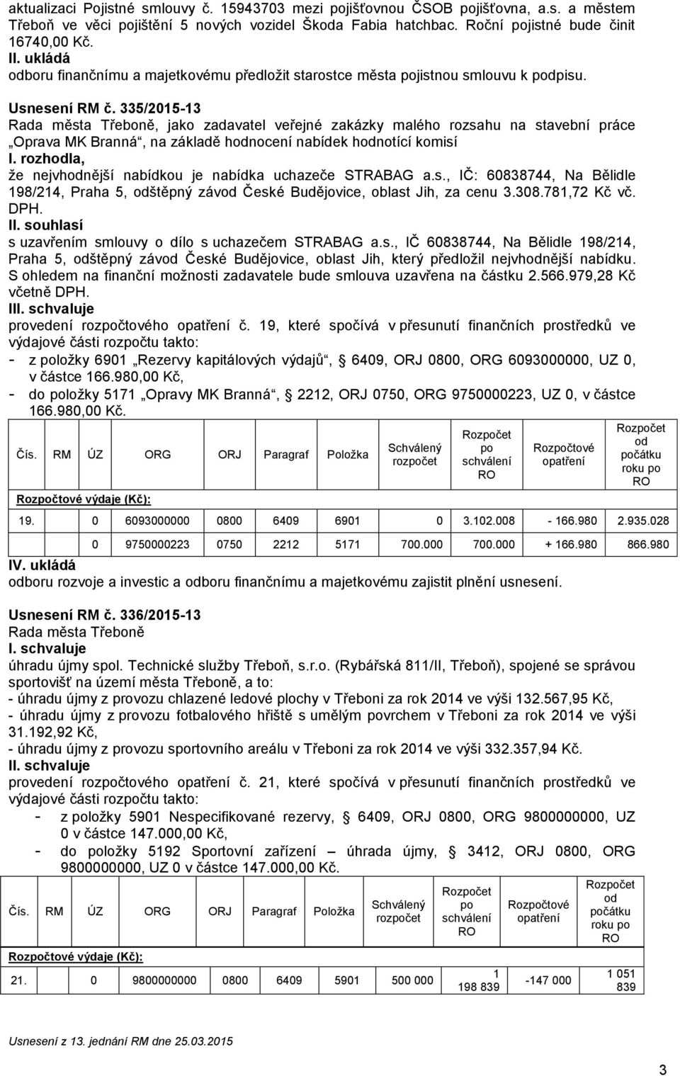 335/2015-13, jako zadavatel veřejné zakázky malého rozsahu na stavební práce Oprava MK Branná, na základě hodnocení nabídek hodnotící komisí I.