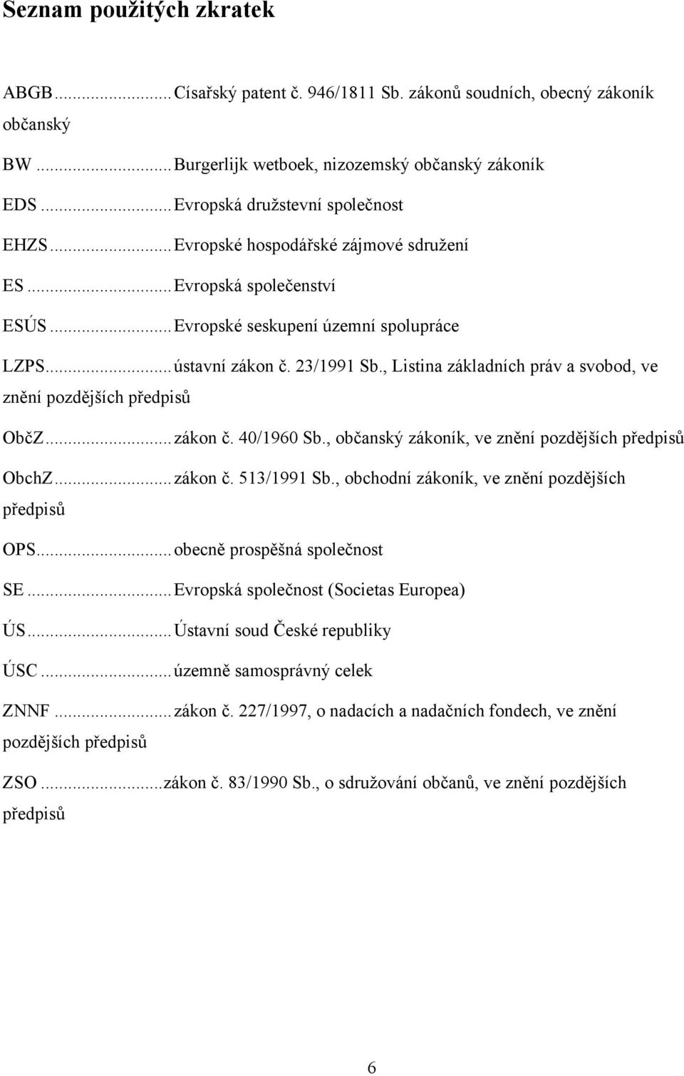 , Listina základních práv a svobod, ve znění pozdějších předpisů ObčZ... zákon č. 40/1960 Sb., občanský zákoník, ve znění pozdějších předpisů ObchZ... zákon č. 513/1991 Sb.
