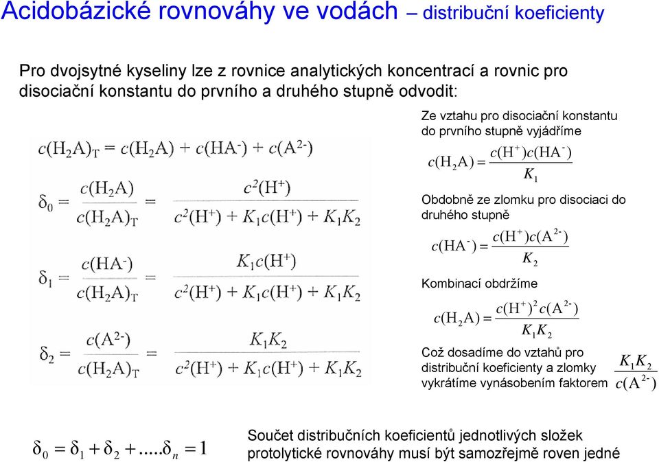 = Kombinací obdržíme + - (HA ) + 2- - (H ) (A ) Což dosadíme do vztahů pro distribuční koeficienty a zlomky vykrátíme vynásobením faktorem 1 c K + 2 c(h ) c(a c(h2a)