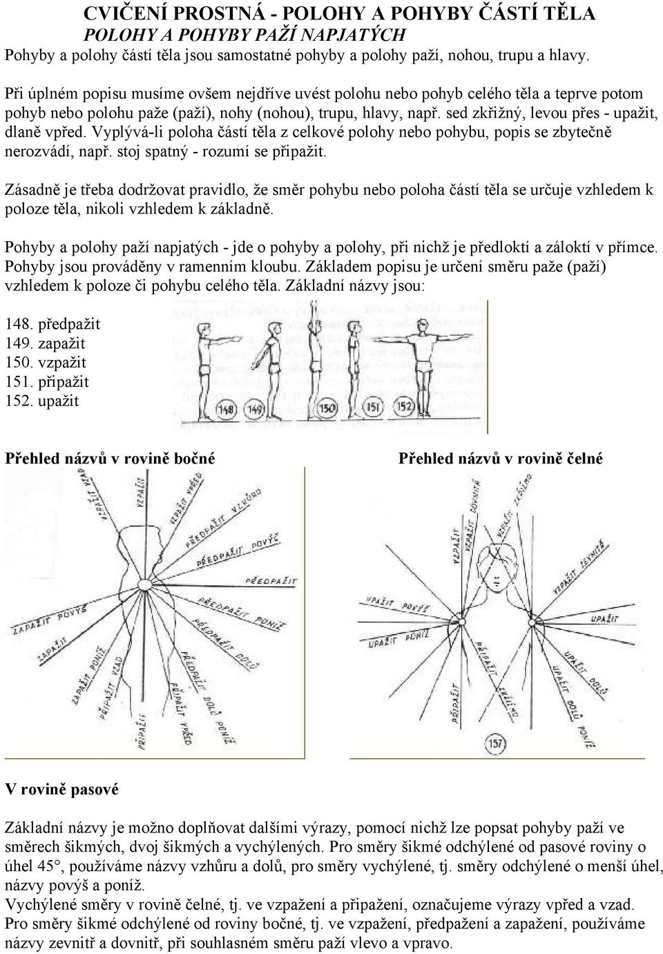 sed zkřižný, levou přes - upažit, dlaně vpřed. Vyplývá-li poloha částí těla z celkové polohy nebo pohybu, popis se zbytečně nerozvádí, např. stoj spatný - rozumí se připažit.