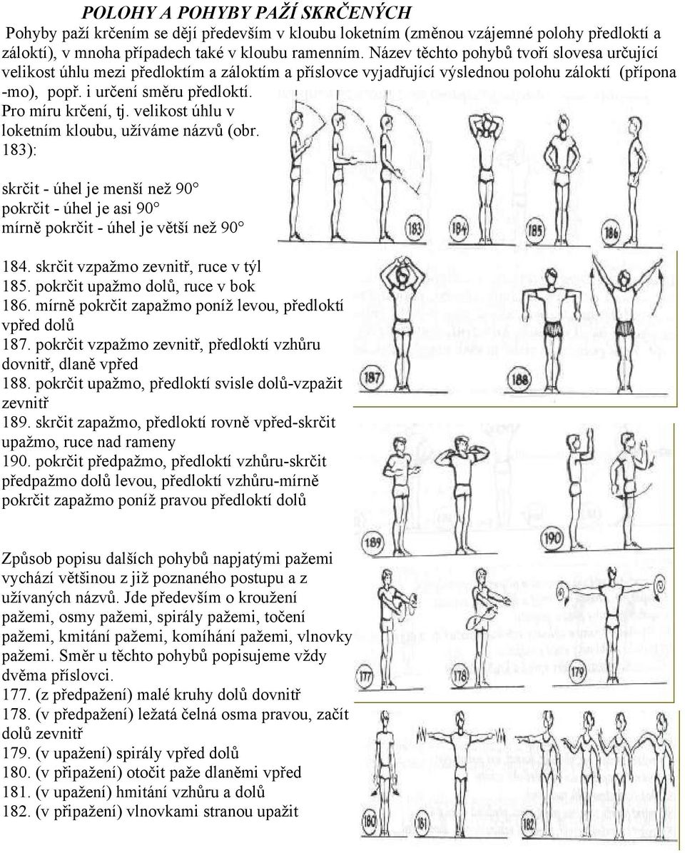 velikost úhlu v loketním kloubu, užíváme názvů (obr. 183): skrčit - úhel je menší než 90 pokrčit - úhel je asi 90 mírně pokrčit - úhel je větší než 90 184. skrčit vzpažmo zevnitř, ruce v týl 185.