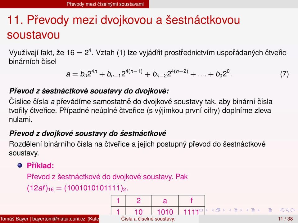 (7) Převod z šestnáctkové soustavy do dvojkové: Číslice čísla a převádíme samostatně do dvojkové soustavy tak, aby binární čísla tvořily čtveřice.