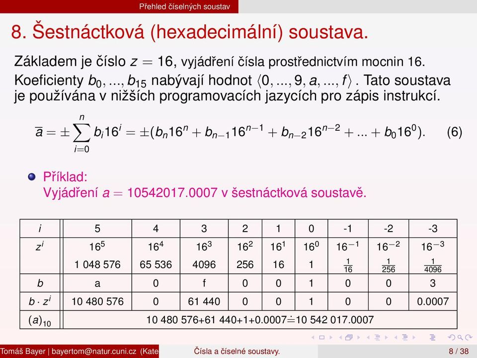 (6) i=0 Příklad: Vyjádření a = 10542017.0007 v šestnáctková soustavě.