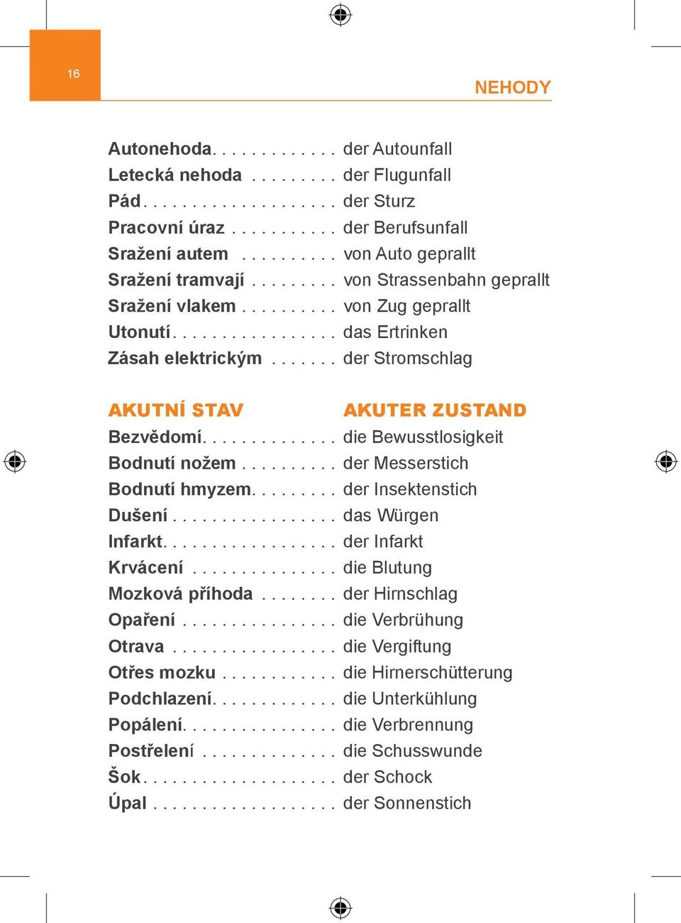 ... die Bewusstlosigkeit Bodnutí nožem... der Messerstich Bodnutí hmyzem.... der Insektenstich Dušení... das Würgen Infarkt.... der Infarkt Krvácení... die Blutung Mozková příhoda.