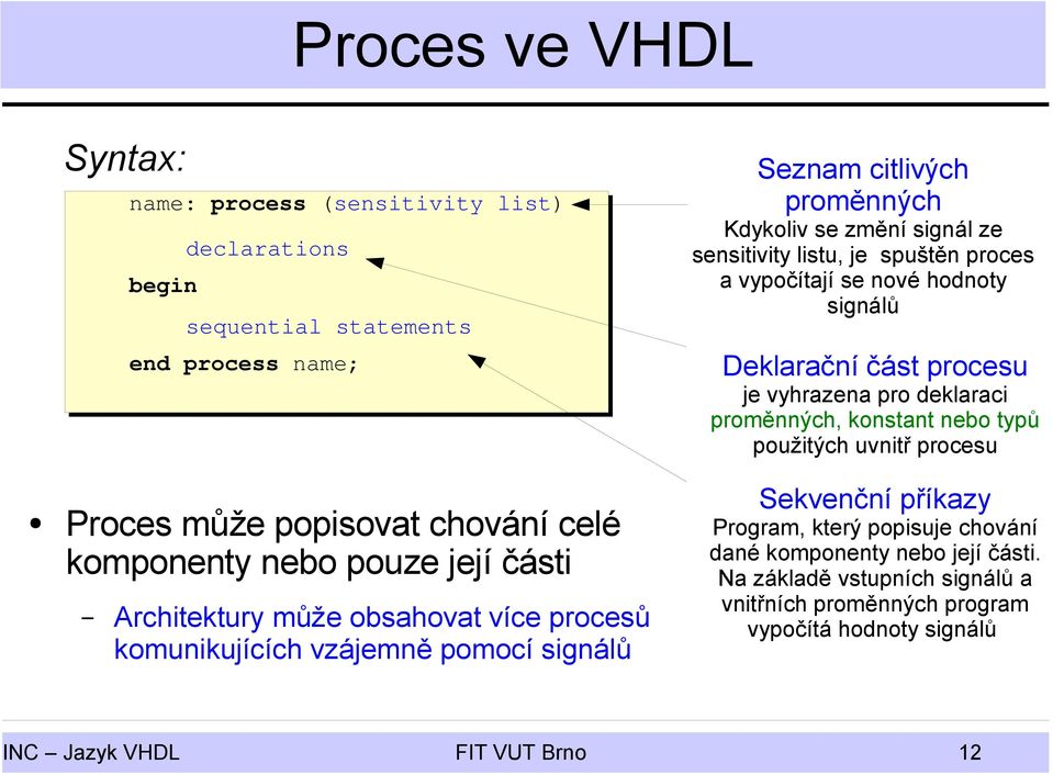 proces a vypočítají se nové hodnoty signálů Deklarační část procesu je vyhrazena pro deklaraci proměnných, konstant nebo typů použitých uvnitř procesu Sekvenční příkazy