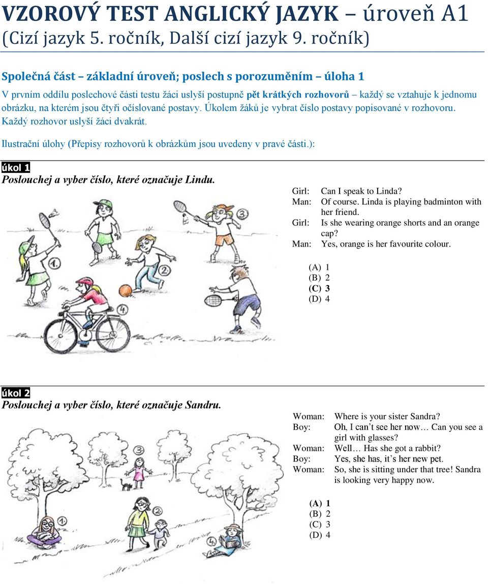 kterém jsou čtyři očíslované postavy. Úkolem žáků je vybrat číslo postavy popisované v rozhovoru. Každý rozhovor uslyší žáci dvakrát.