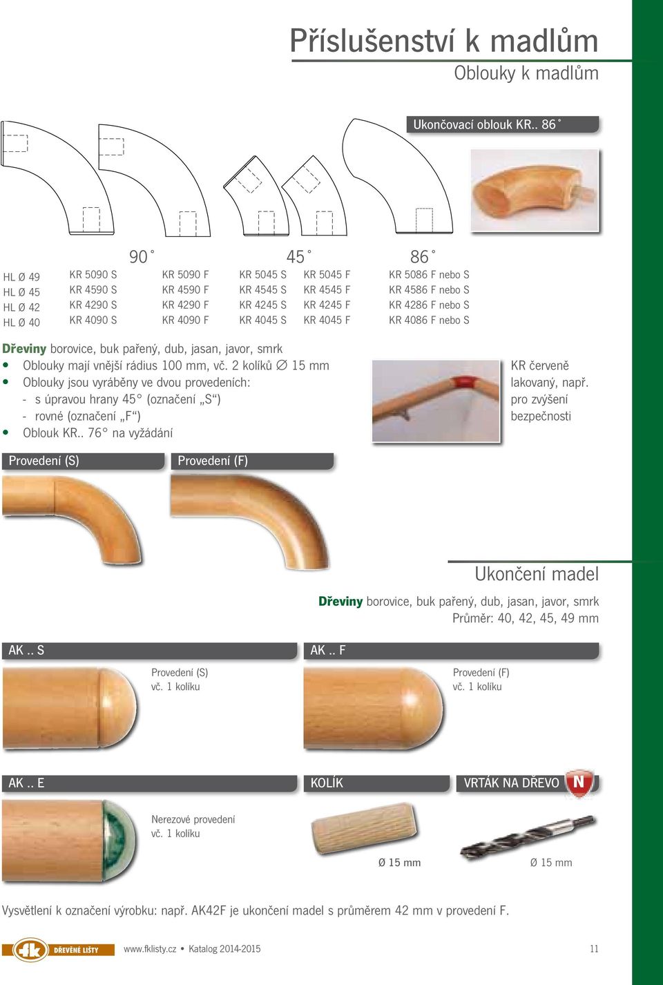 4045 F 86 KR 5086 F nebo S KR 4586 F nebo S KR 4286 F nebo S KR 4086 F nebo S Dřeviny borovice, buk pařený, dub, jasan, javor, smrk Oblouky mají vnější rádius 100 mm, vč.