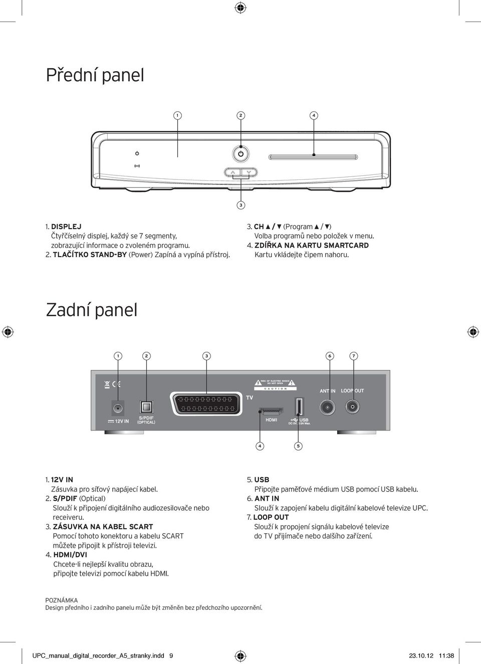 3. ZÁSUVKA NA KABEL SCART Pomocí tohoto konektoru a kabelu SCART můžete připojit k přístroji televizi. 4. HDMI/DVI Chcete-li nejlepší kvalitu obrazu, připojte televizi pomocí kabelu HDMI. 5.