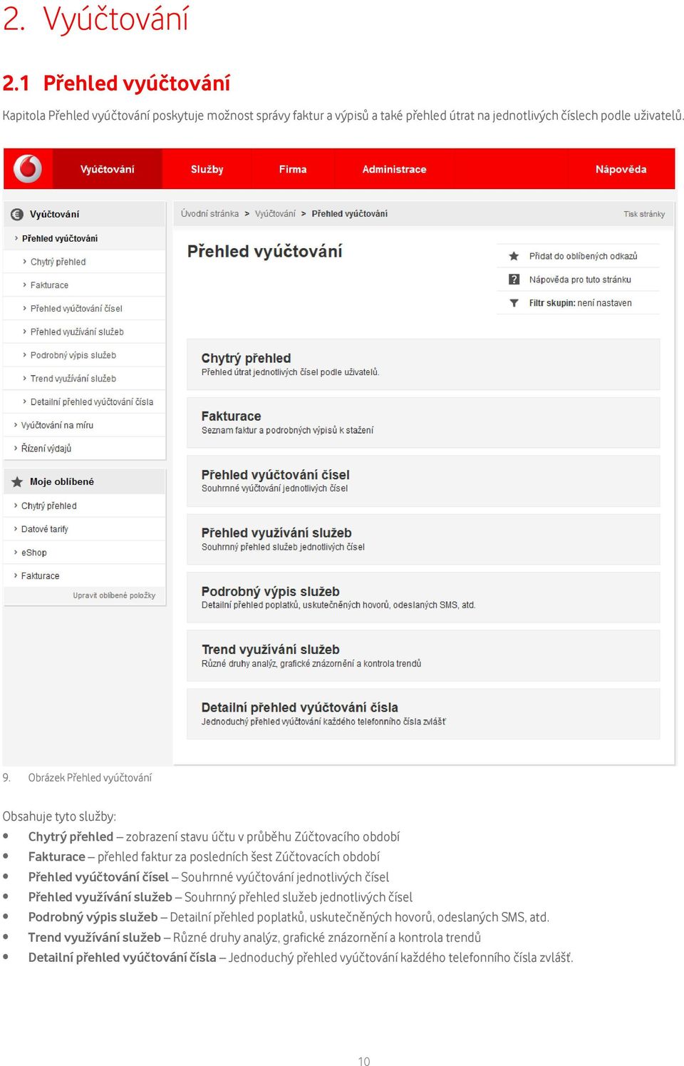 vyúčtování čísel Souhrnné vyúčtování jednotlivých čísel Přehled využívání služeb Souhrnný přehled služeb jednotlivých čísel Podrobný výpis služeb Detailní přehled poplatků, uskutečněných