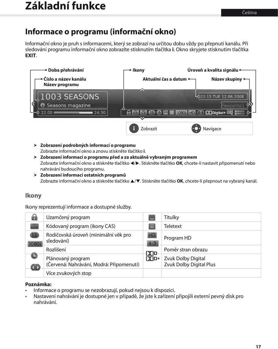 Doba přehrávání Číslo a název kanálu Název programu Ikony Úroveň a kvalita signálu Aktuální čas a datum Název skupiny Zobrazit Navigace Zobrazení podrobných informací o programu Zobrazte informační
