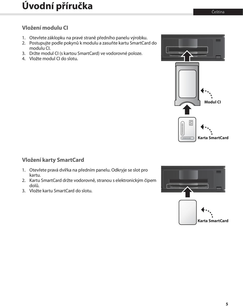 Držte modul CI (s kartou SmartCard) ve vodorovné poloze. 4. Vložte modul CI do slotu.