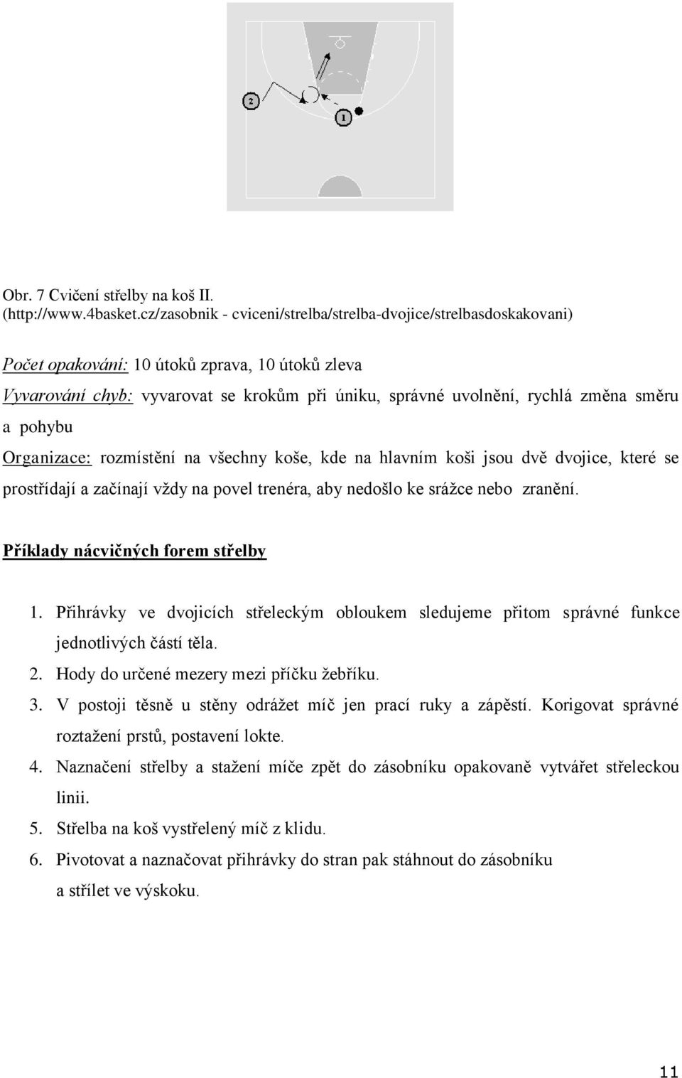 směru a pohybu Organizace: rozmístění na všechny koše, kde na hlavním koši jsou dvě dvojice, které se prostřídají a začínají vždy na povel trenéra, aby nedošlo ke srážce nebo zranění.