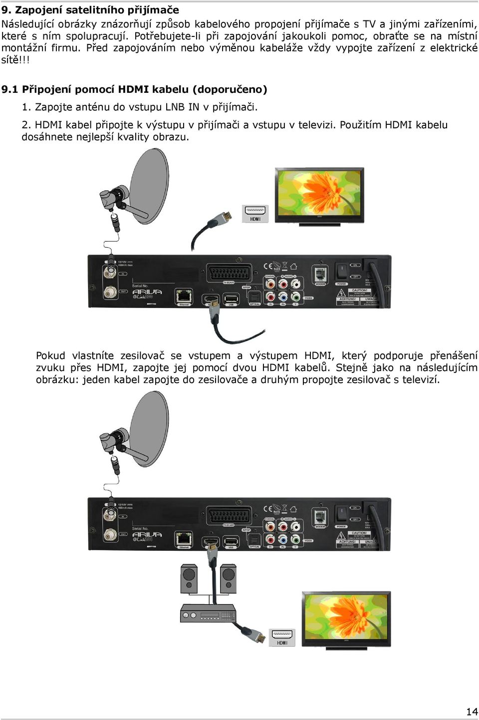 1 Připojení pomocí HDMI kabelu (doporučeno) 1. Zapojte anténu do vstupu LNB IN v přijímači. 2. HDMI kabel připojte k výstupu v přijímači a vstupu v televizi.