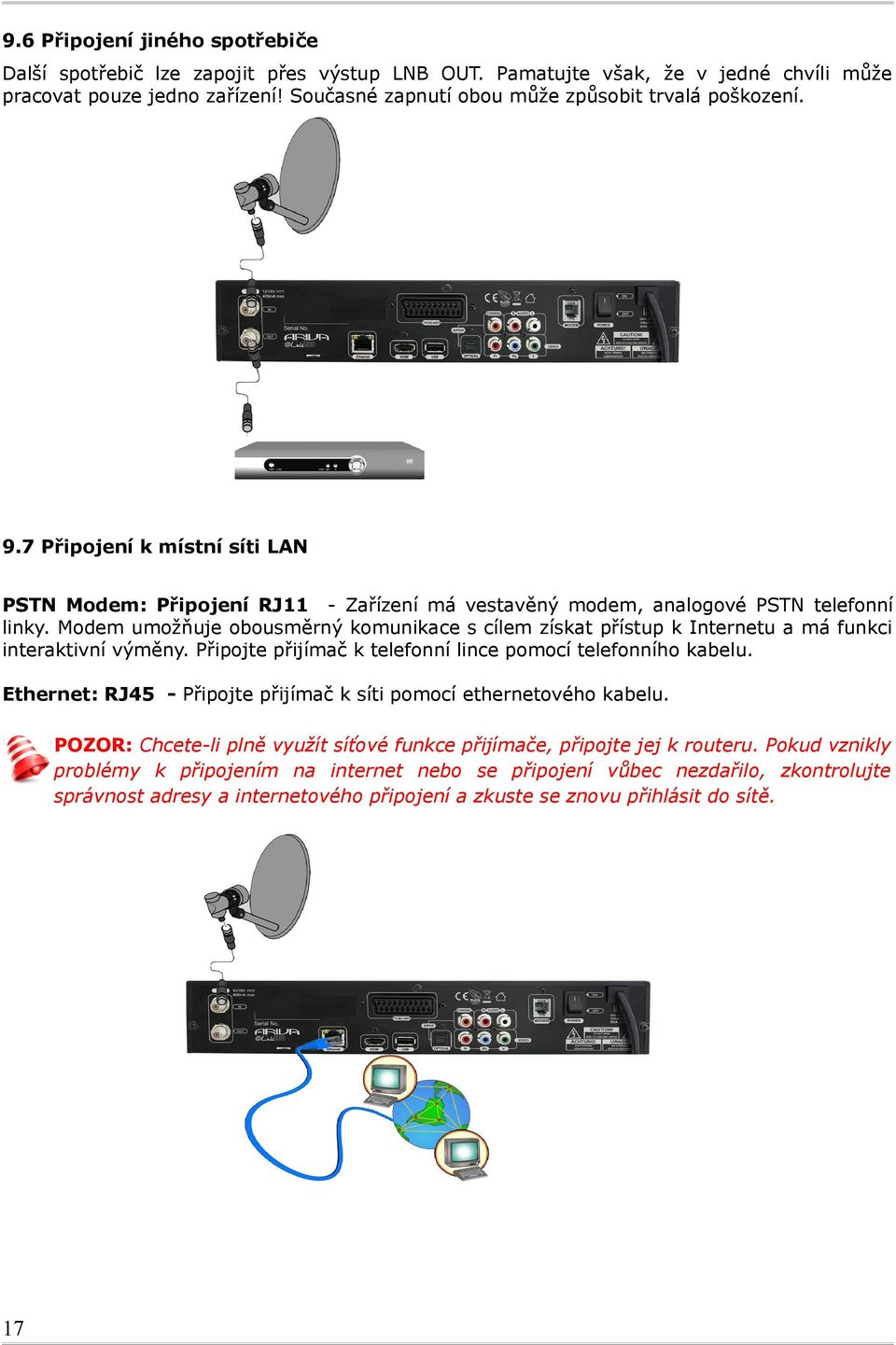 Modem umožňuje obousměrný komunikace s cílem získat přístup k Internetu a má funkci interaktivní výměny. Připojte přijímač k telefonní lince pomocí telefonního kabelu.