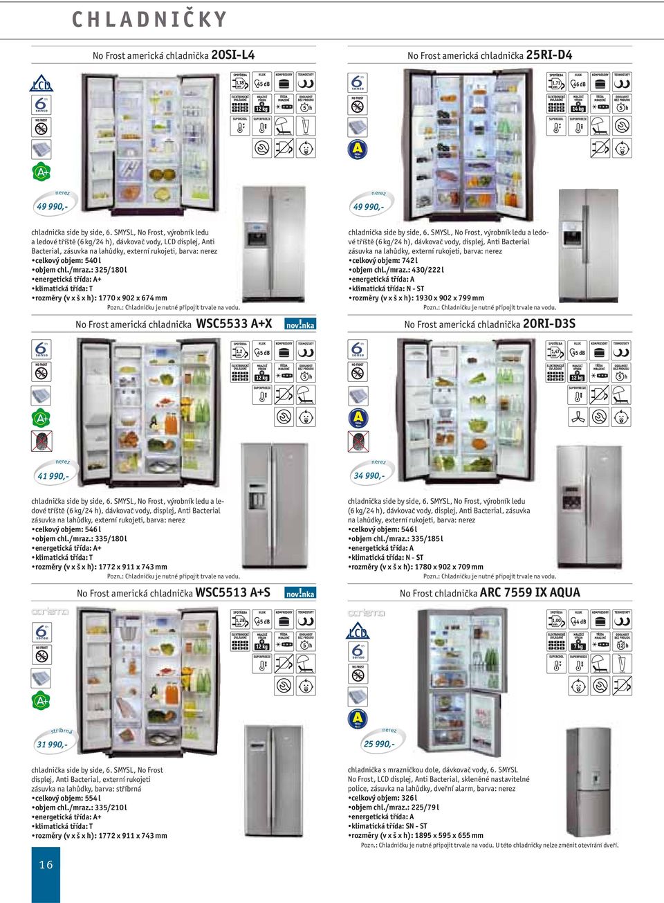 : 325/180 l klimatická třída: T rozměry (v x š x h): 1770 x 902 x 674 mm Pozn.: Chladničku je nutné připojit trvale na vodu. No Frost americká WSC5533 A+X side by side, 6.