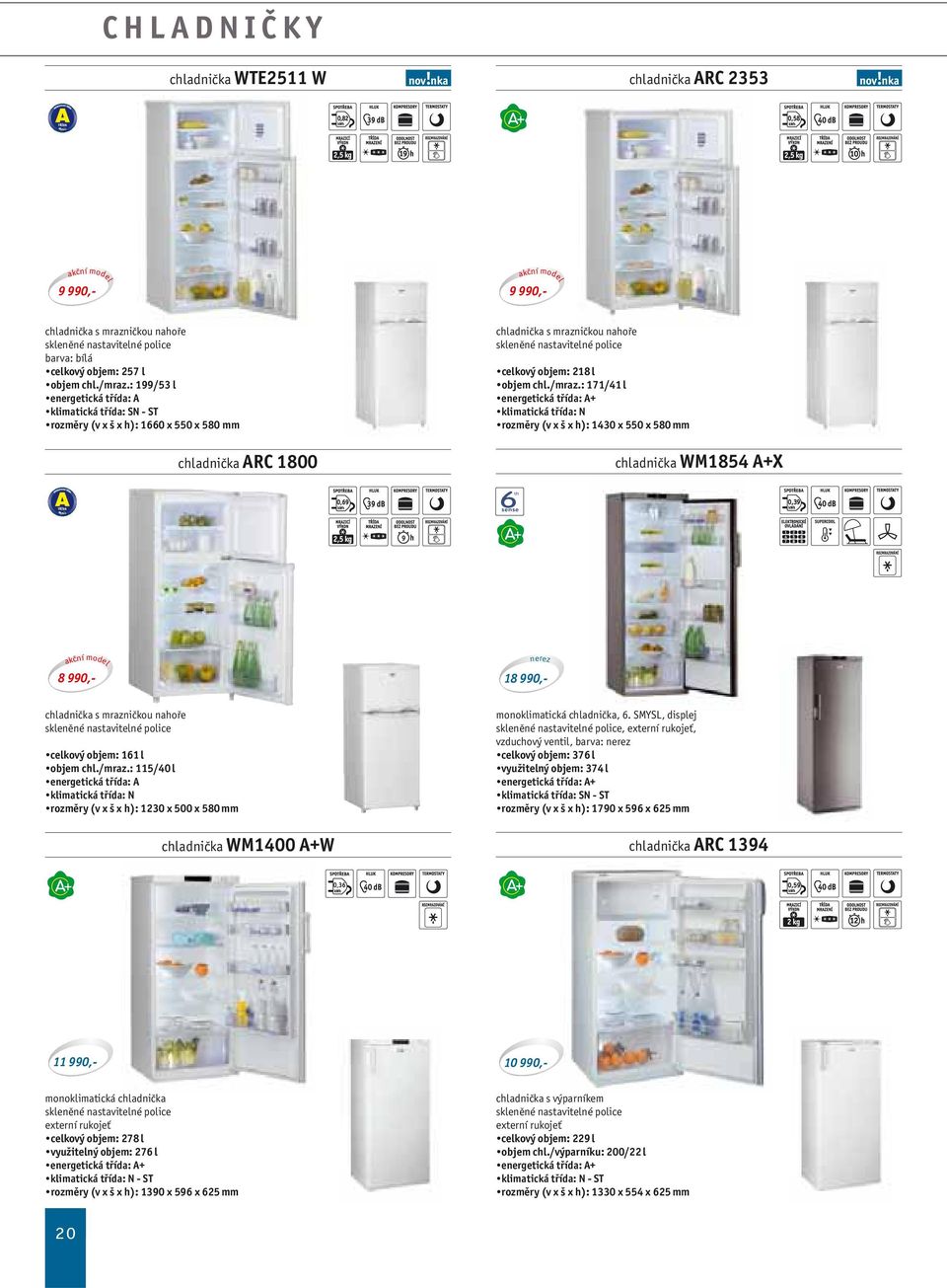 : 171/41 l klimatická třída: N rozměry (v x š x h): 1430 x 550 x 580 mm WM1854 A+X 8 990,- 18 990,- nahoře skleněné nastavitelné police celkový objem: 161 l objem chl./mraz.