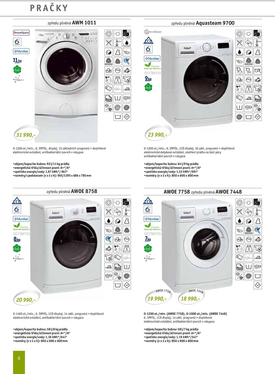 energie/vody: 1,87 kwh*/ 86 l* rozměry/s podstavcem (v x š x h): 965/1295 x 686 x 785 mm 0-1200 ot./min., 6. SMYSL, LCD displej, 16 zákl.