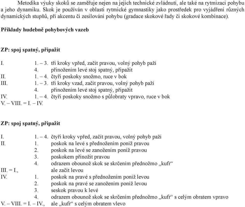 Příklady hudebně pohybových vazeb ZP: spoj spatný, připažit I. 1. 3. tři kroky vpřed, začít pravou, volný pohyb paží 4. přinožením levé stoj spatný, připažit II. 1. 4. čtyři poskoky snožmo, ruce v bok III.