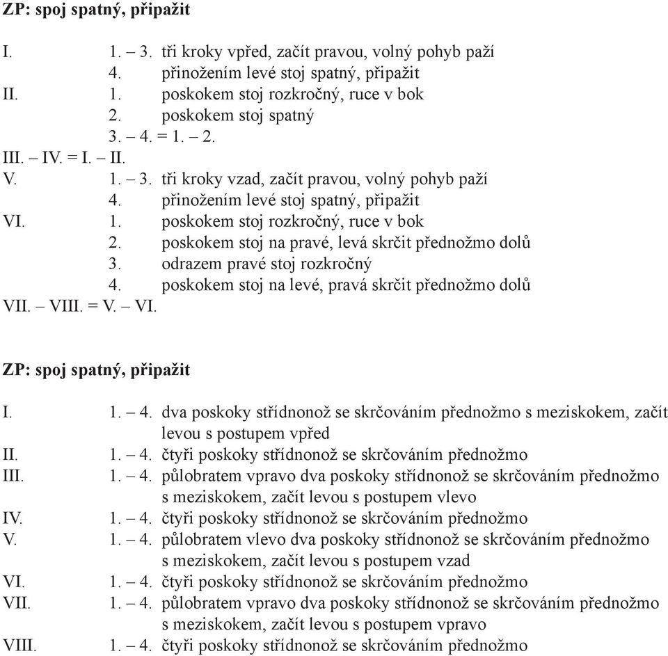 poskokem stoj na pravé, levá skrčit přednožmo dolů 3. odrazem pravé stoj rozkročný 4. poskokem stoj na levé, pravá skrčit přednožmo dolů VII. VIII. = V. VI. ZP: spoj spatný, připažit I. 1. 4. dva poskoky střídnonož se skrčováním přednožmo s meziskokem, začít levou s postupem vpřed II.