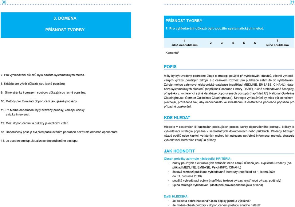 . Při tvorbě doporučení byly zváženy přínosy, vedlejší účinky a rizika intervencí. 2. Mezi doporučeními a důkazy je explicitní vztah. 3.