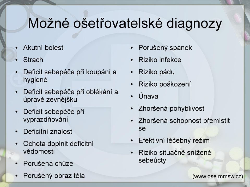 Ochota doplnit deficitní vědomosti Porušená chůze Riziko pádu Riziko poškození Únava Zhoršená pohyblivost