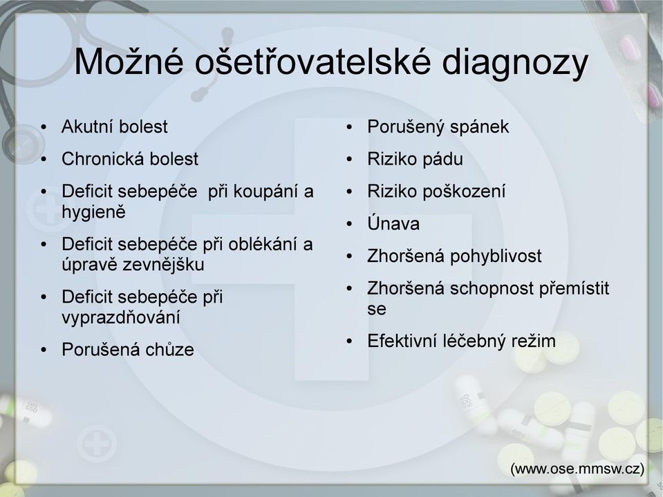 zevnějšku Deficit sebepéče při vyprazdňování Porušená chůze Riziko poškození Únava