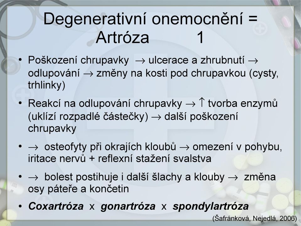 poškození chrupavky osteofyty při okrajích kloubů omezení v pohybu, iritace nervů + reflexní stažení svalstva