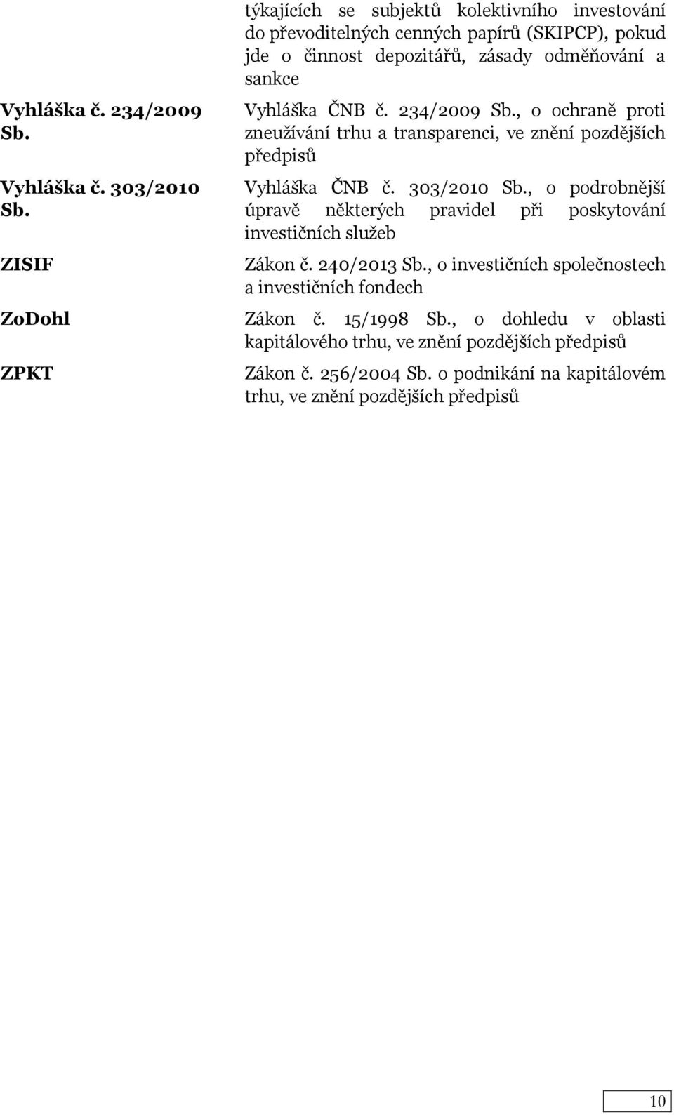 234/2009 Sb., o ochraně proti zneužívání trhu a transparenci, ve znění pozdějších předpisů Vyhláška ČNB č. 303/2010 Sb.