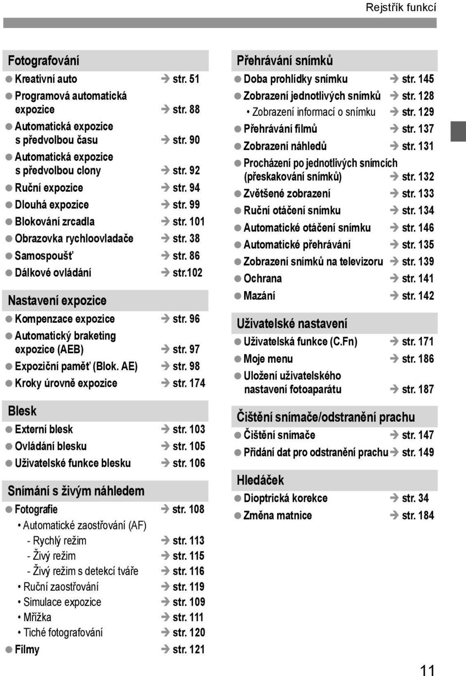 96 Automatický braketing expozice (AEB) str. 97 Expoziční paměť (Blok. AE) str. 98 Kroky úrovně expozice str. 174 Blesk Externí blesk str. 103 Ovládání blesku str. 105 Uživatelské funkce blesku str.