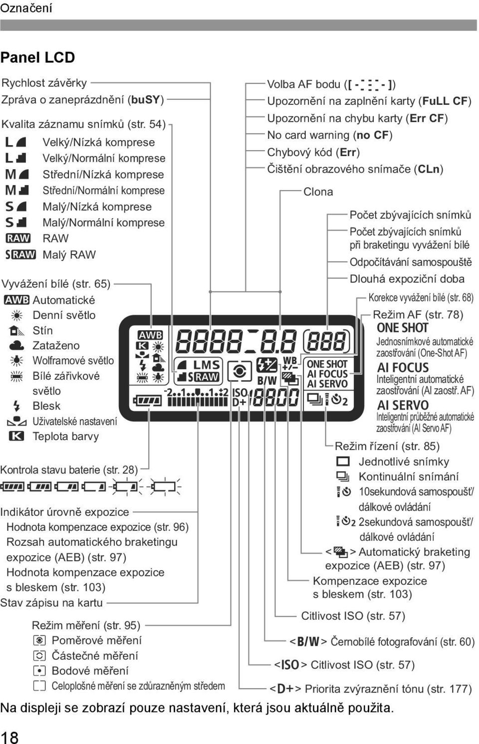 65) Q Automatické W Denní světlo E Stín R Zataženo Y Wolframové světlo U Bílé zářivkové světlo I Blesk O Uživatelské nastavení P Teplota barvy Kontrola stavu baterie (str.