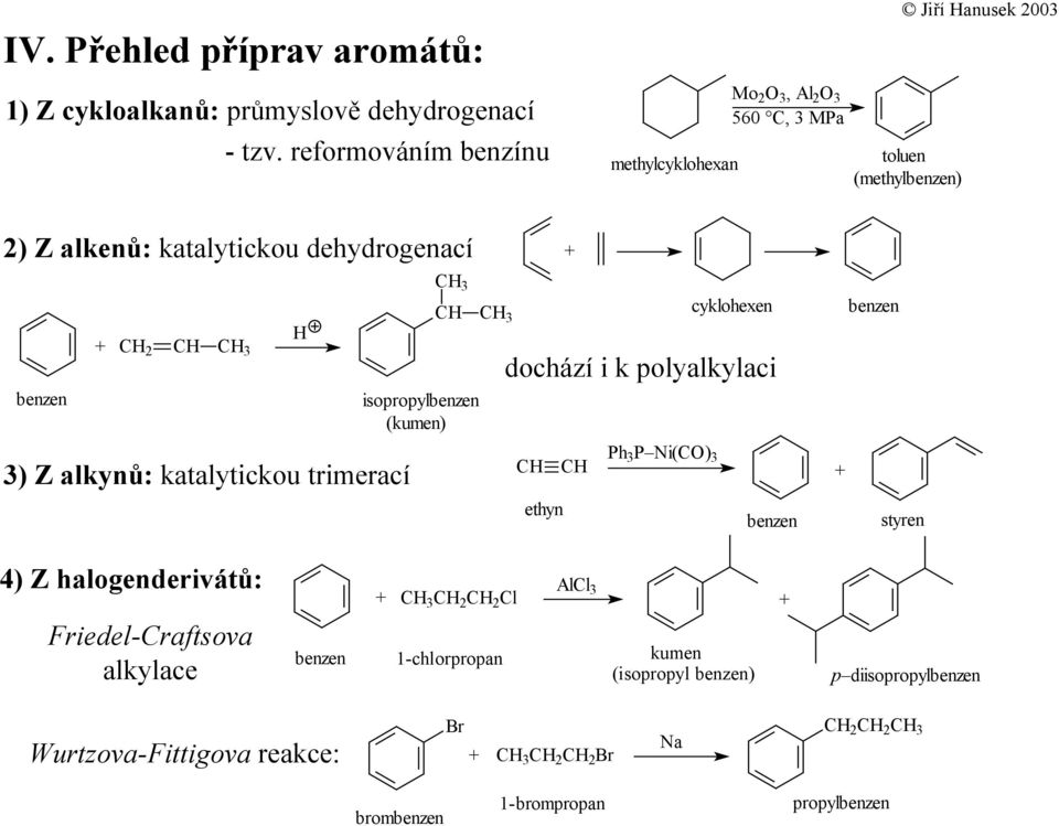 dehydrogenací benzen 2 isopropylbenzen (kumen) cyklohexen dochází i k polyalkylaci benzen 3) Z alkynů: katalytickou trimerací Ph 3P i() 3