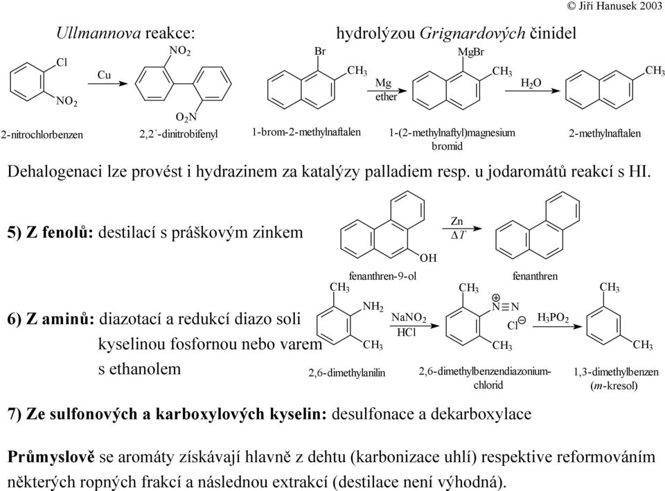 5) Z fenolů: destilací s práškovým zinkem Zn 6) Z aminů: diazotací a redukcí diazo soli kyselinou fosfornou nebo varem s ethanolem fenanthren-9-ol 2 a 2 l 2,6-dimethylanilin fenanthren l