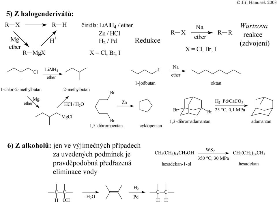 I cyklopentan a ether oktan 2 Pd/a 3 25, 0,1 MPa 1,3-dibromadamantan adamantan 6) Z alkoholů: jen ve výjimečných případech za