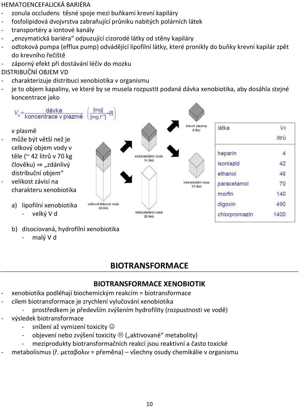 efekt při dostávání léčiv do mozku DISTRIBUČNÍ OBJEM VD - charakterizuje distribuci xenobiotika v organismu - je to objem kapaliny, ve které by se musela rozpustit podaná dávka xenobiotika, aby