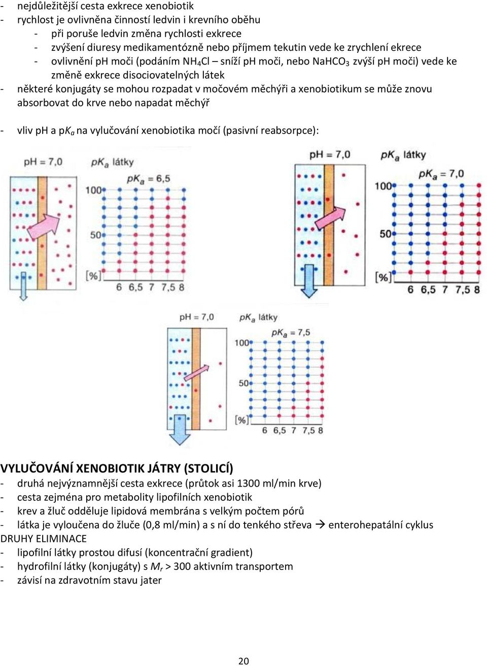 měchýři a xenobiotikum se může znovu absorbovat do krve nebo napadat měchýř - vliv ph a pk a na vylučování xenobiotika močí (pasivní reabsorpce): VYLUČOVÁNÍ XENOBIOTIK JÁTRY (STOLICÍ) - druhá