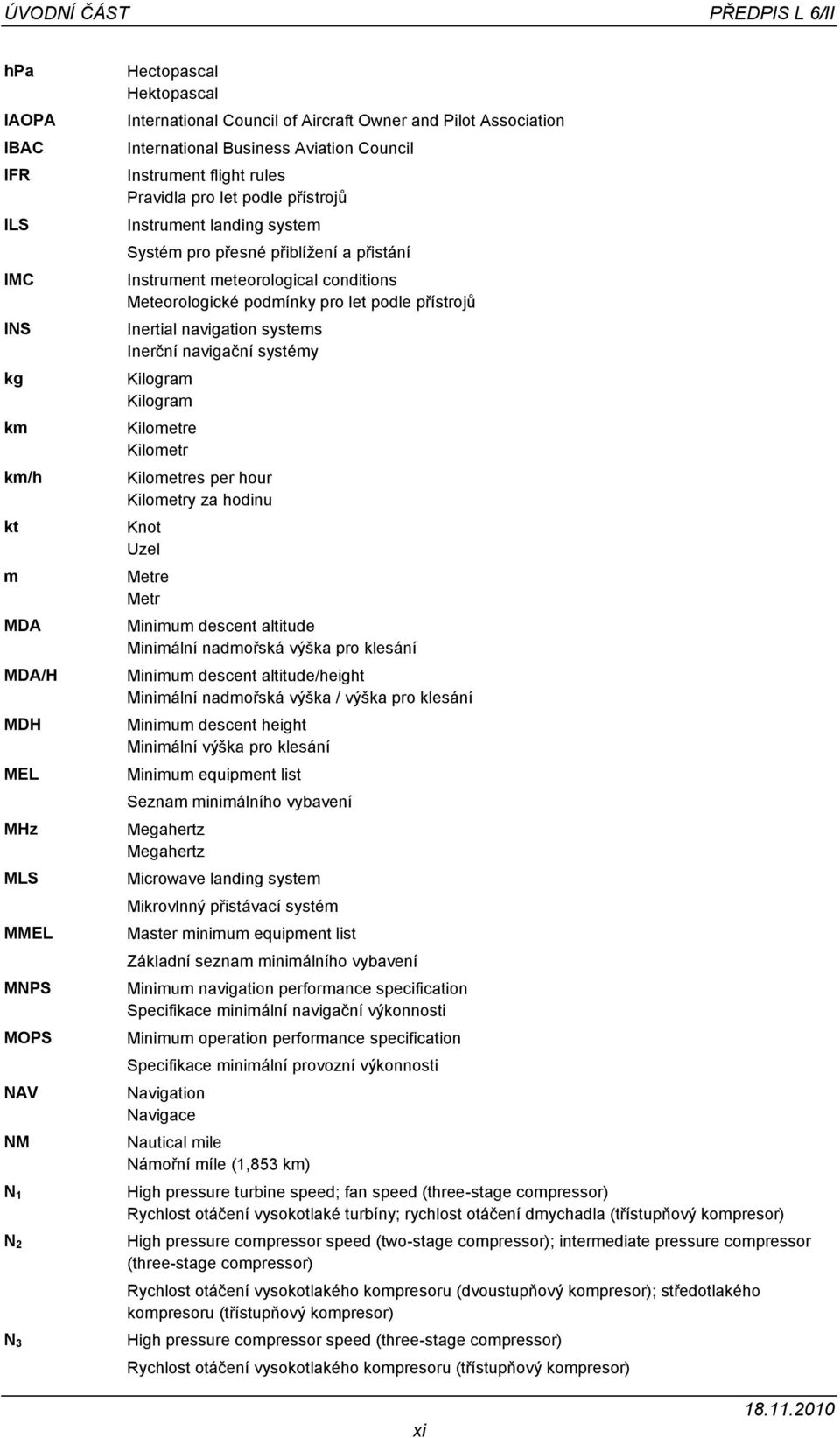 meteorological conditions Meteorologické podmínky pro let podle přístrojů Inertial navigation systems Inerční navigační systémy Kilogram Kilogram Kilometre Kilometr Kilometres per hour Kilometry za