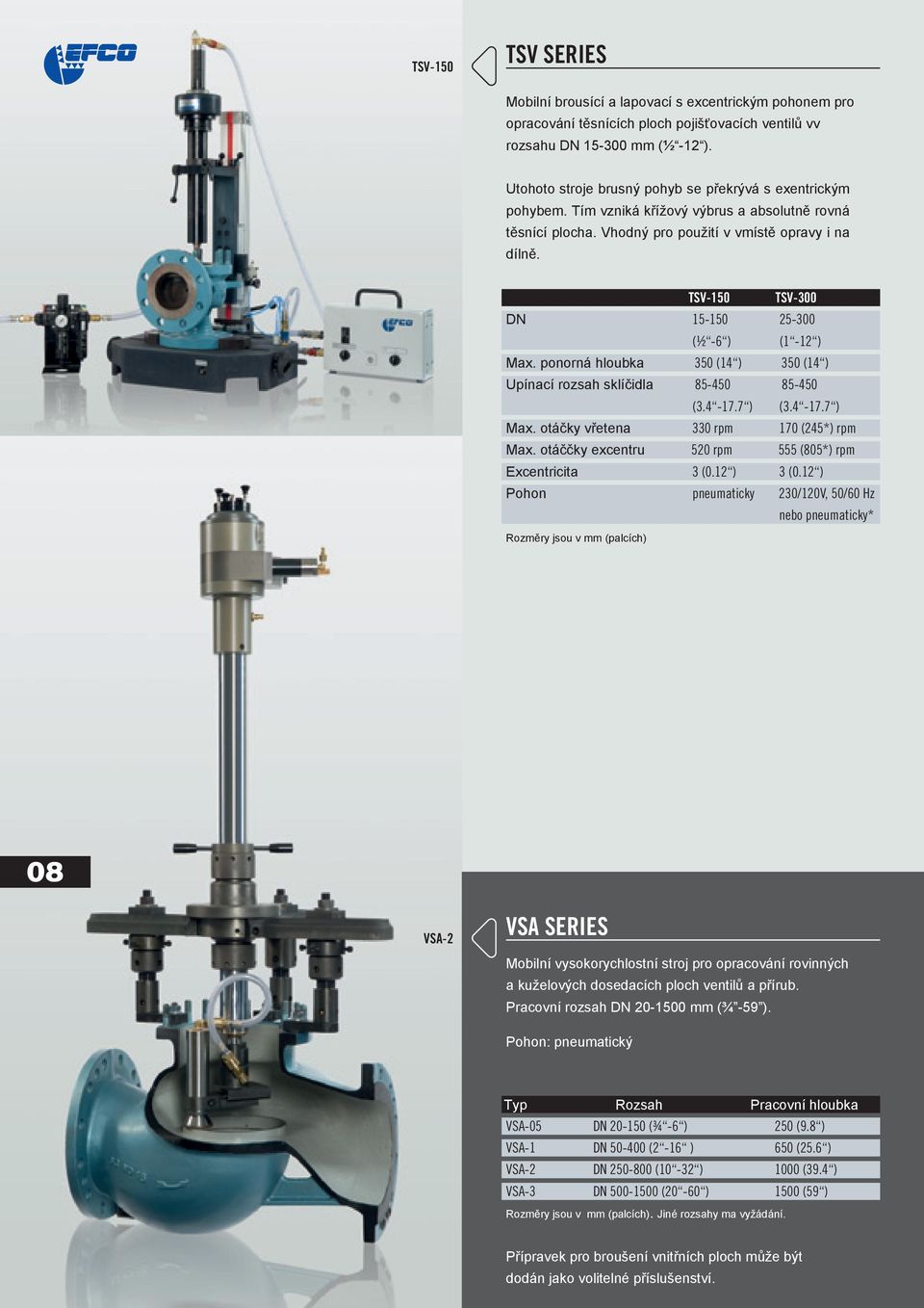 TSV-150 TSV-300 DN 15-150 25-300 (½ -6 ) (1-12 ) Max. ponorná hloubka 350 (14 ) 350 (14 ) Upínací rozsah sklíčidla 85-450 85-450 (3.4-17.7 ) (3.4-17.7 ) Max. otáčky vřetena 330 rpm 170 (245*) rpm Max.