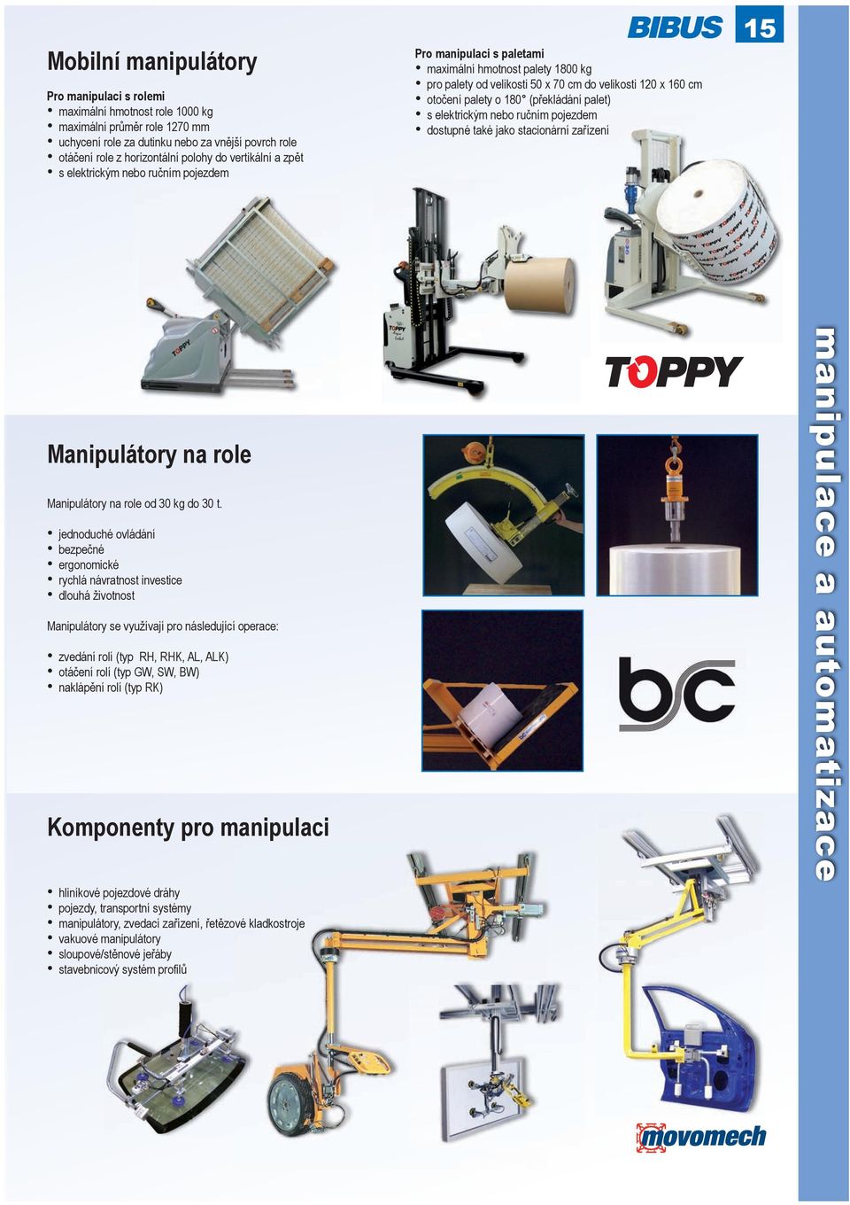 (překládání palet) s elektrickým nebo ručním pojezdem dostupné také jako stacionární zařízení 15 Manipulátory na role Manipulátory na role od 30 kg do 30 t.