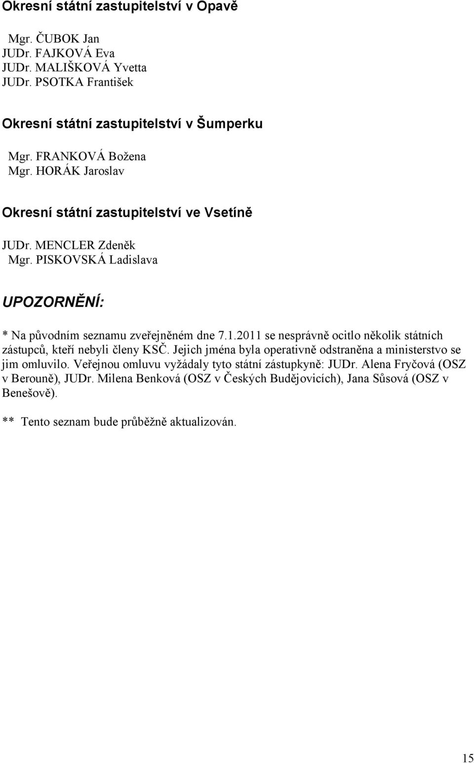 1.2011 se nesprávně ocitlo několik státních zástupců, kteří nebyli členy KSČ. Jejich jména byla operativně odstraněna a ministerstvo se jim omluvilo.