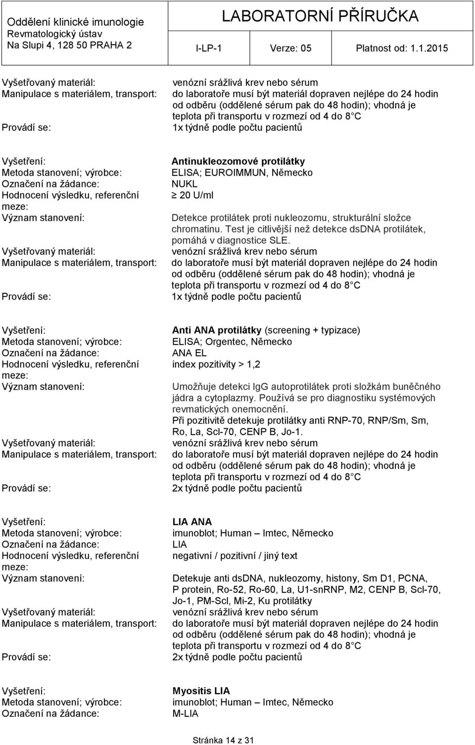 Anti ANA protilátky (screening + typizace) ELISA; Orgentec, Německo ANA EL index pozitivity > 1,2 Umožňuje detekci IgG autoprotilátek proti složkám buněčného jádra a cytoplazmy.