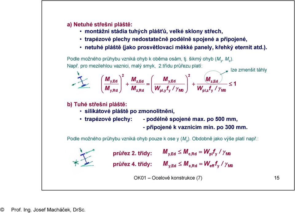 třídu průřezu platí: lze zmenšit táhly M M y,ed y,rd 2 + M M z,ed z,rd = W M pl,y f y,ed y 2 M z,ed + / γ M0 Wpl,zfy / γ M0 1 b) Tuhé střešní pláště: silikátové pláště po zmonolitnění, trapézové