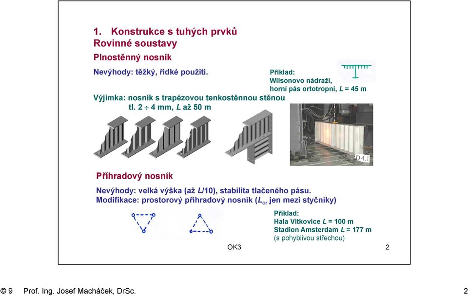 2 4 mm, L až 50 m Příhradový nosník Nevýhody: velká výška (až L/10), stabilita tlačeného pásu.