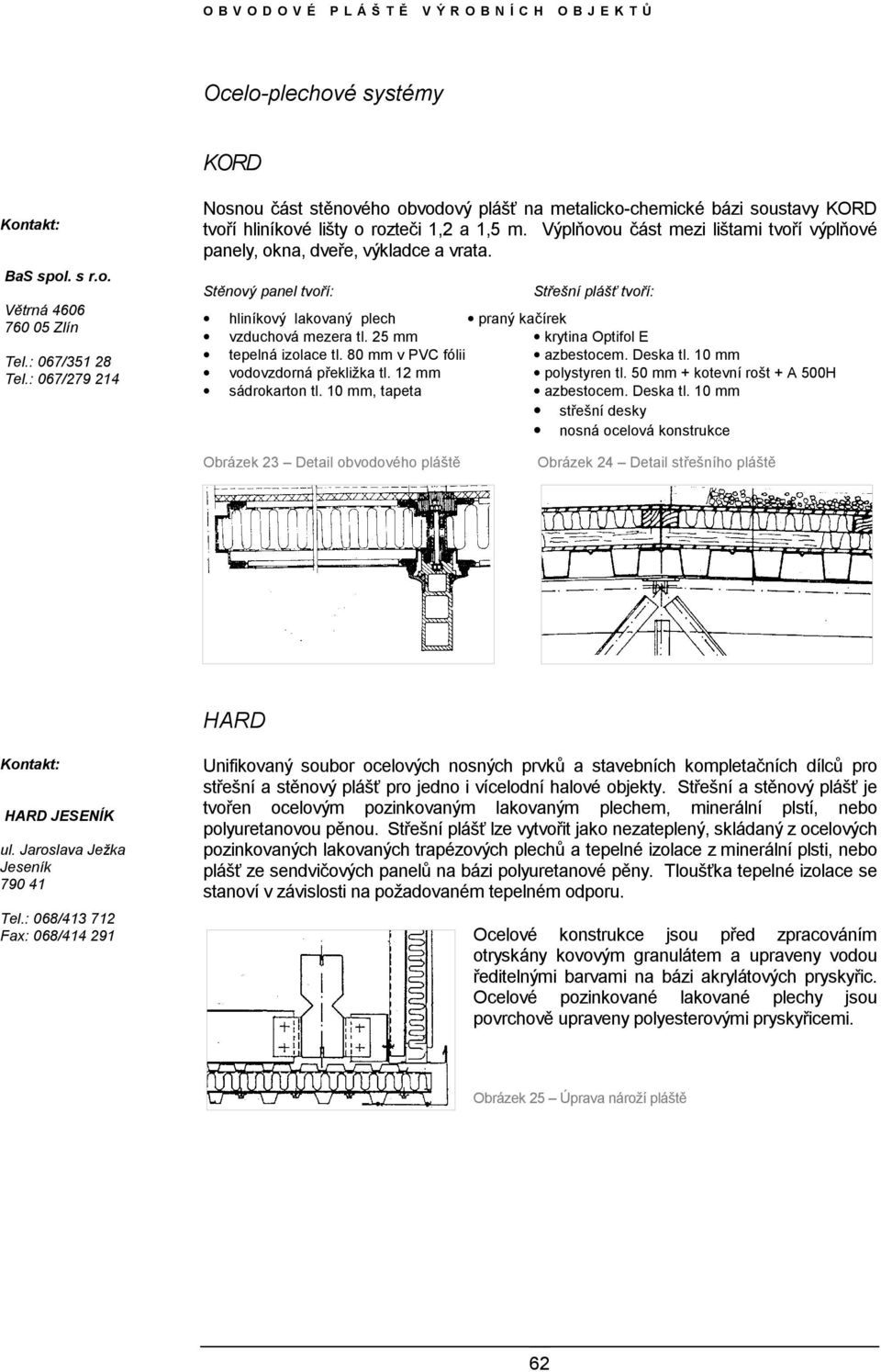 Výplňovou část mezi lištami tvoří výplňové panely, okna, dveře, výkladce a vrata. Stěnový panel tvoří: Střešní plášť tvoří: hliníkový lakovaný plech praný kačírek vzduchová mezera tl.