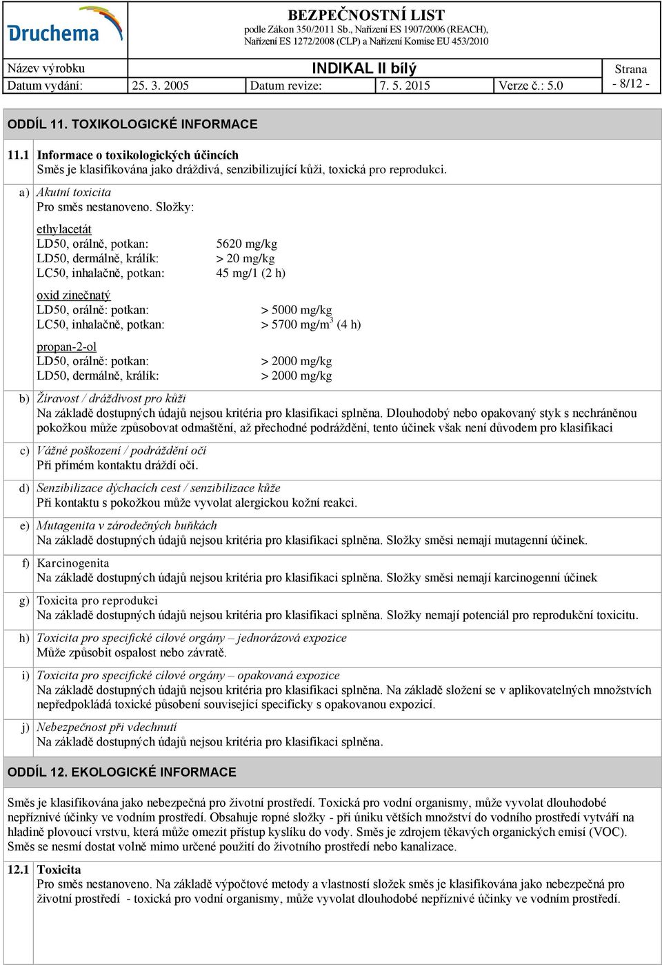 Složky: ethylacetát LD50, orálně, potkan: 5620 mg/kg LD50, dermálně, králík: > 20 mg/kg LC50, inhalačně, potkan: 45 mg/1 (2 h) oxid zinečnatý LD50, orálně: potkan: > 5000 mg/kg LC50, inhalačně,