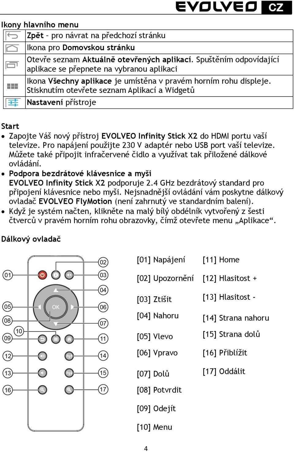 Stisknutím otevřete seznam Aplikací a Widgetů Nastavení přístroje Start Zapojte Váš nový přístroj EVOLVEO Infinity Stick X2 do HDMI portu vaší televize.