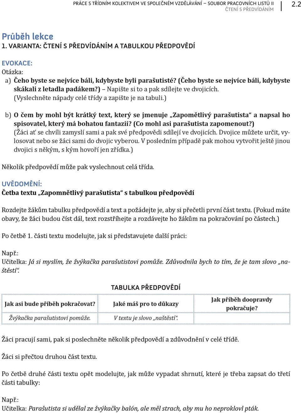 ) b) O čem by mohl být krátký text, který se jmenuje Zapomětlivý parašutista a napsal ho spisovatel, který má bohatou fantazii? (Co mohl asi parašutista zapomenout?