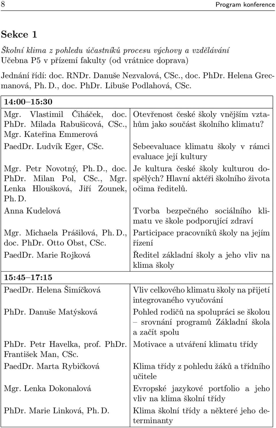 D., doc. PhDr. Milan Pol, CSc., Mgr. Lenka Hloušková, Jiří Zounek, Ph. D. Otevřenost české školy vnějším vztahům jako součást školního klimatu?